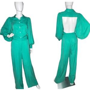 NWT The Kemist Size US 4 Seafoam Green Open Back Wide Leg Jumpsuit Balloon Slv